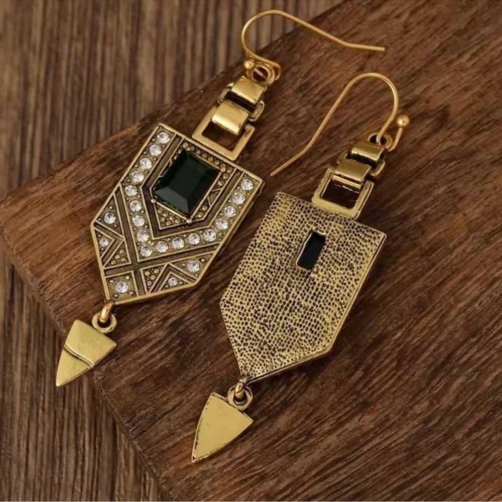 Marquis Ethnic Vintage Emerald Bronze Brushed Earrings - Picture 7 of 9